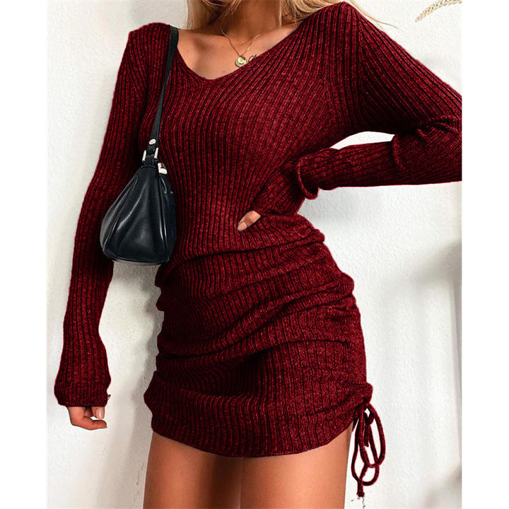 Women's Knit Mini Dress with Ruching and V-Neck Lune London