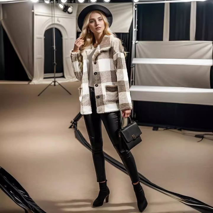 Ladies Kawaii Clothing Checkered Jacket with Snap Closure and Side Pockets Lune London