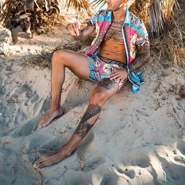 Men's Set Short Sleeve Tropical Print Shirt and Matching Swim Shorts Lune London