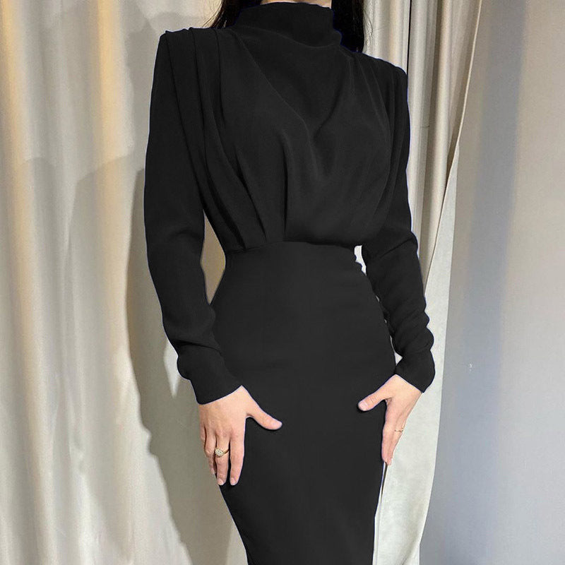 Women's Floor Contact Dress with Elegant Stand Collar and Gatherings Lune London
