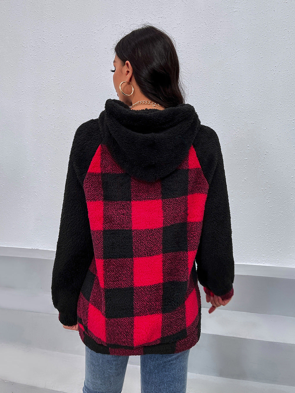 Women's cozy fleece hoodie with modern plaid pattern Lune London