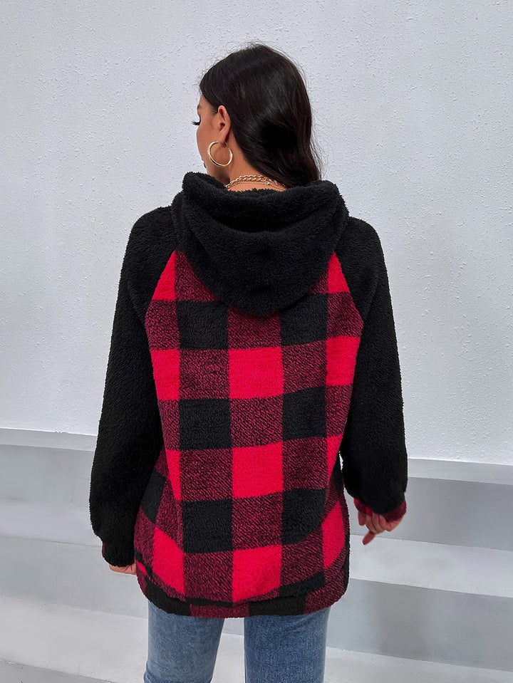 Women's cozy fleece hoodie with modern plaid pattern Lune London