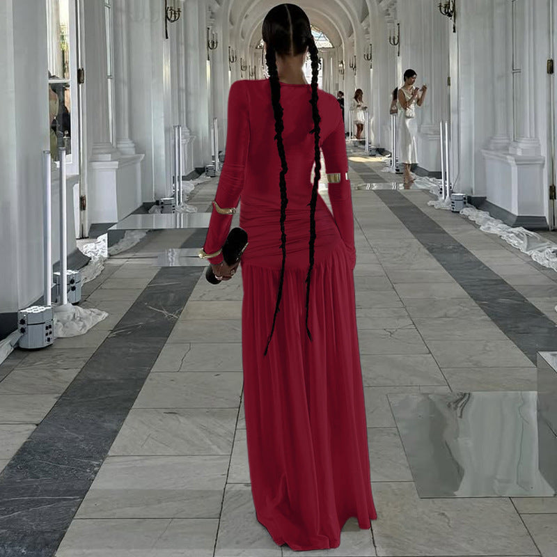 Elegant wrap maxi dress for women with asymmetrical shoulder insert Lune London