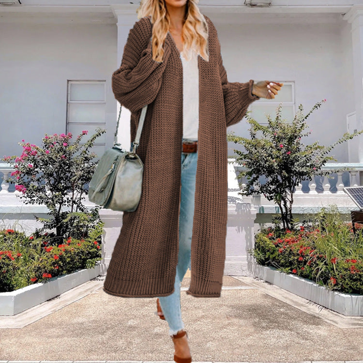 Ladies Long Knit Cardigan with Wide Sleeves and a Chic Textured Design