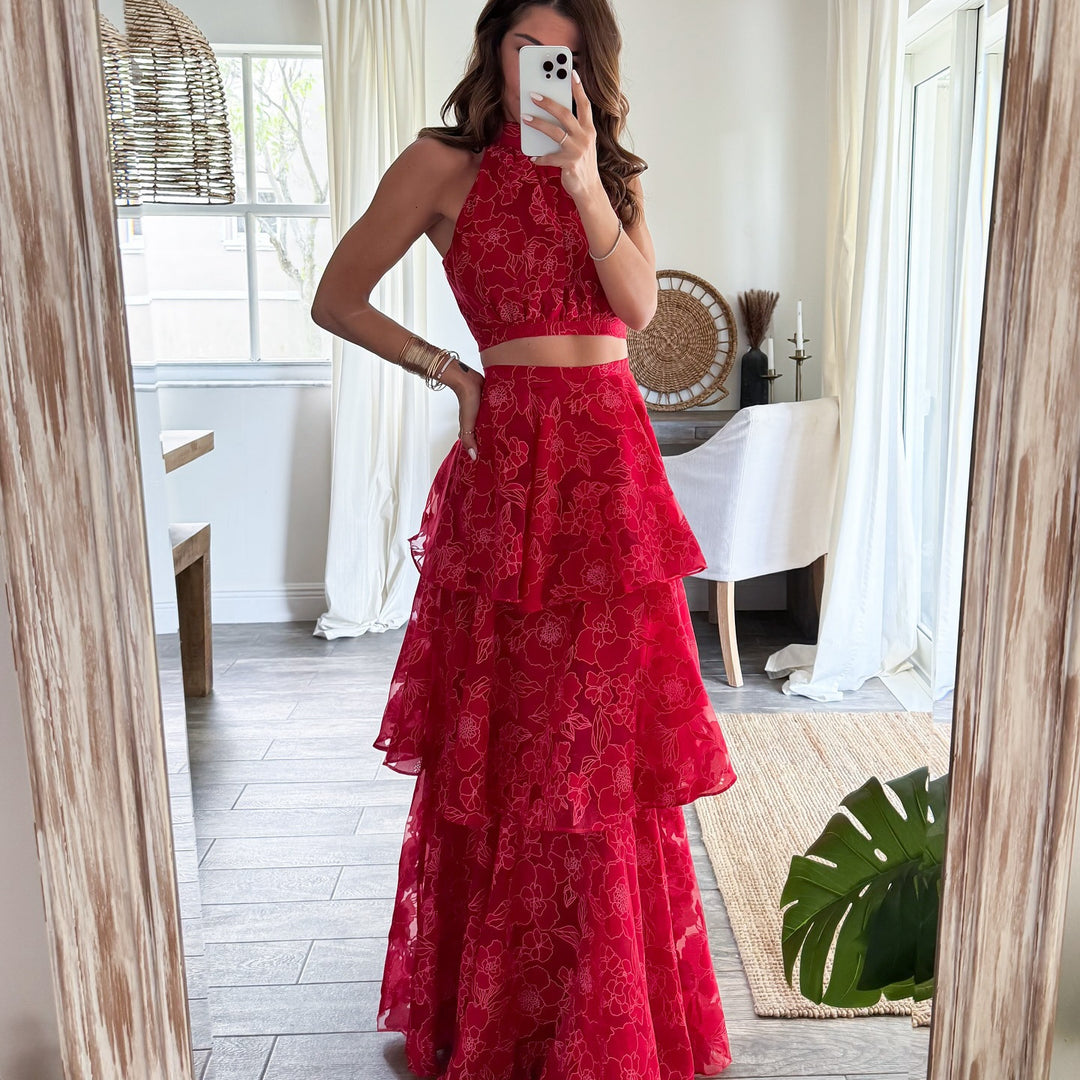 Women's maxi dress with floral design and ruffle layers Lune London