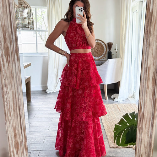 Women's maxi dress with floral design and ruffle layers Lune London