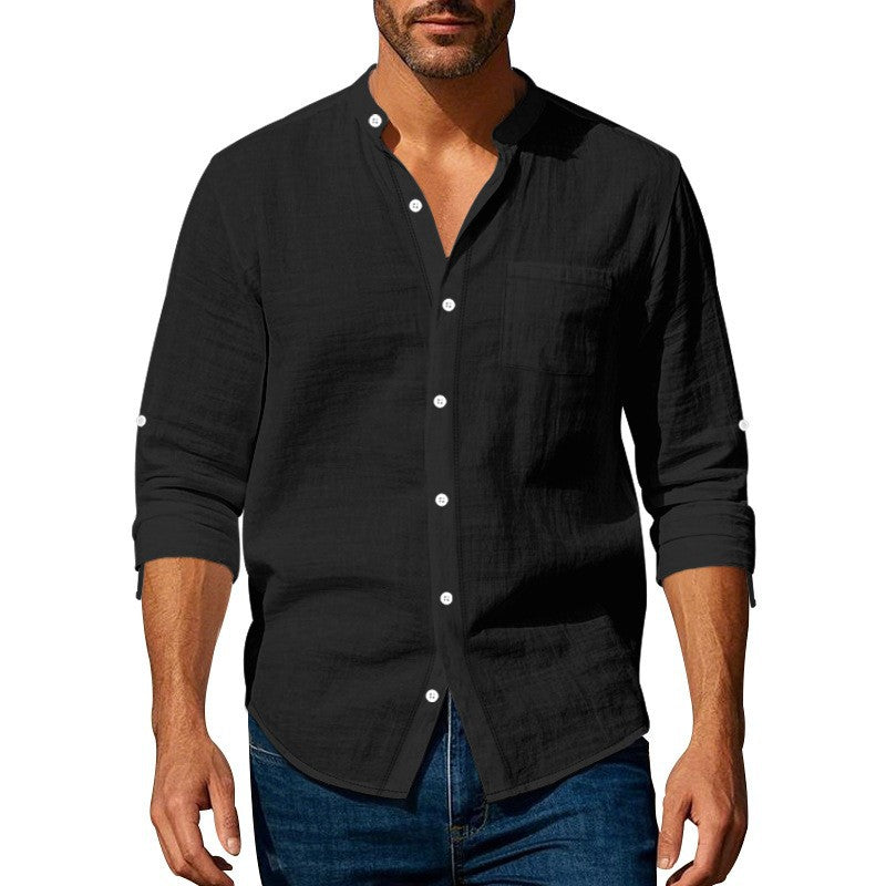 Linen shirt for men with stand-up collar and chest pocket Lune London