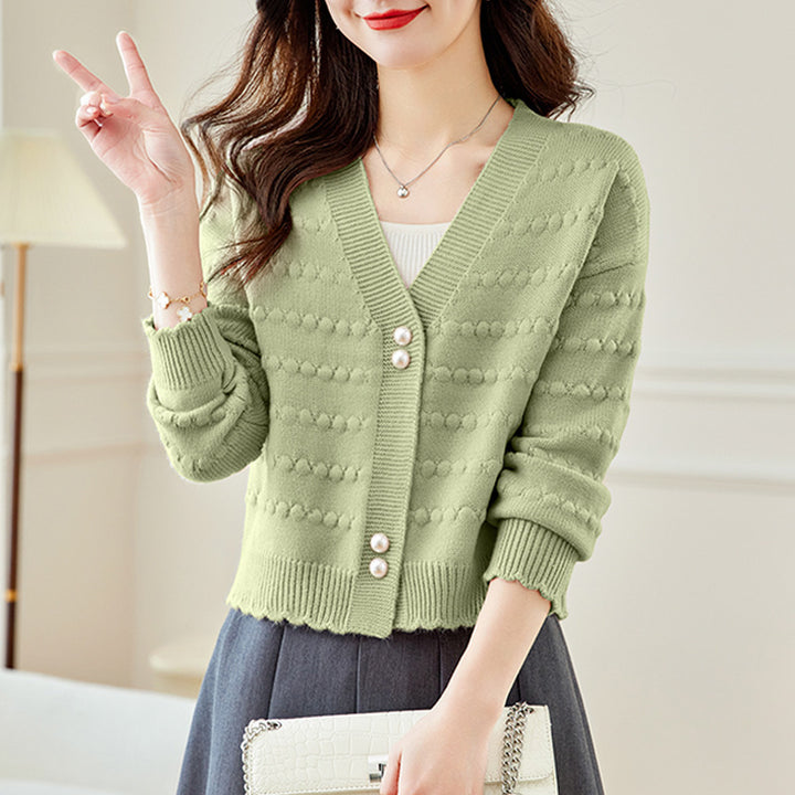 Ladies comfortable knit jacket with pearl adorned buttons and structured design Lune London
