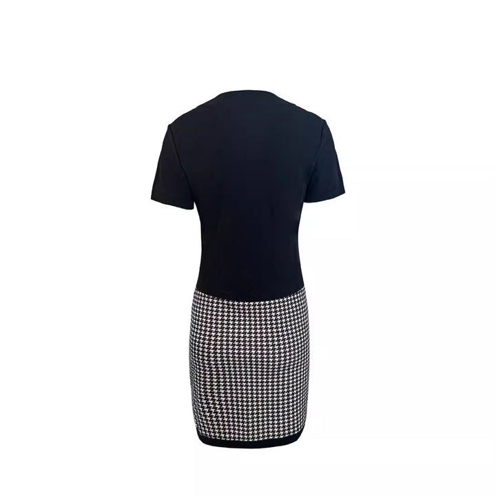 Women's cocktail dress with an elegant V neckline and a chic and stylish graphic plaid pattern