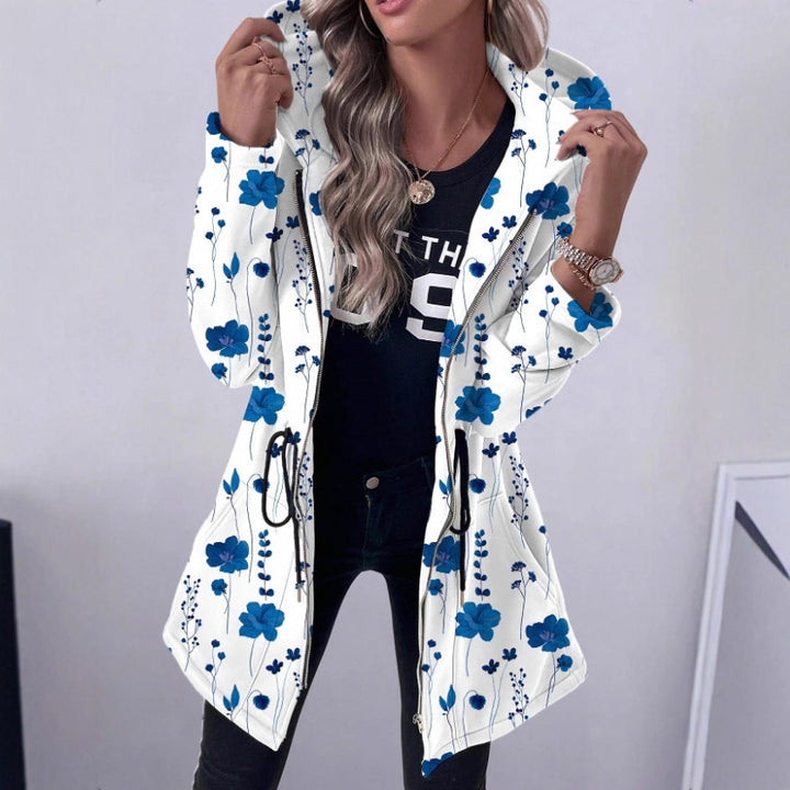 Hooded coat with full zip for women with floral print Lune London