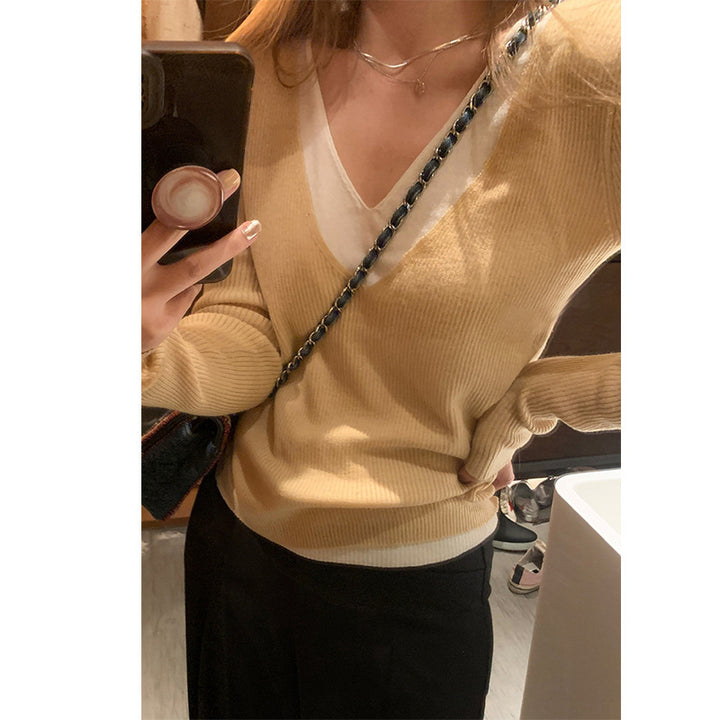 Pull femme à col V en maille côtelée fine Chic & Stil