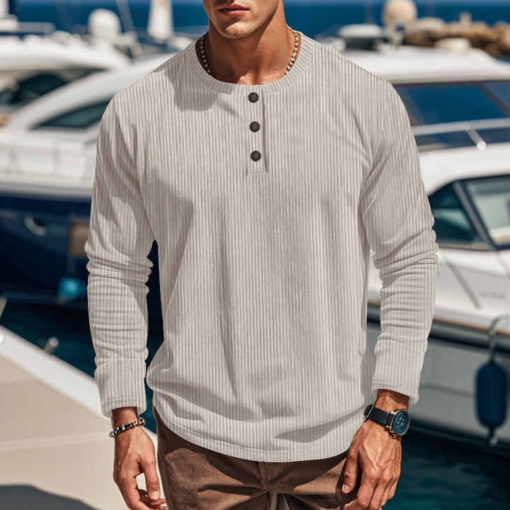 Men's Long Sleeve Henley T-Shirt in Lightweight Ribbed Fabric with Button Placket Lune London