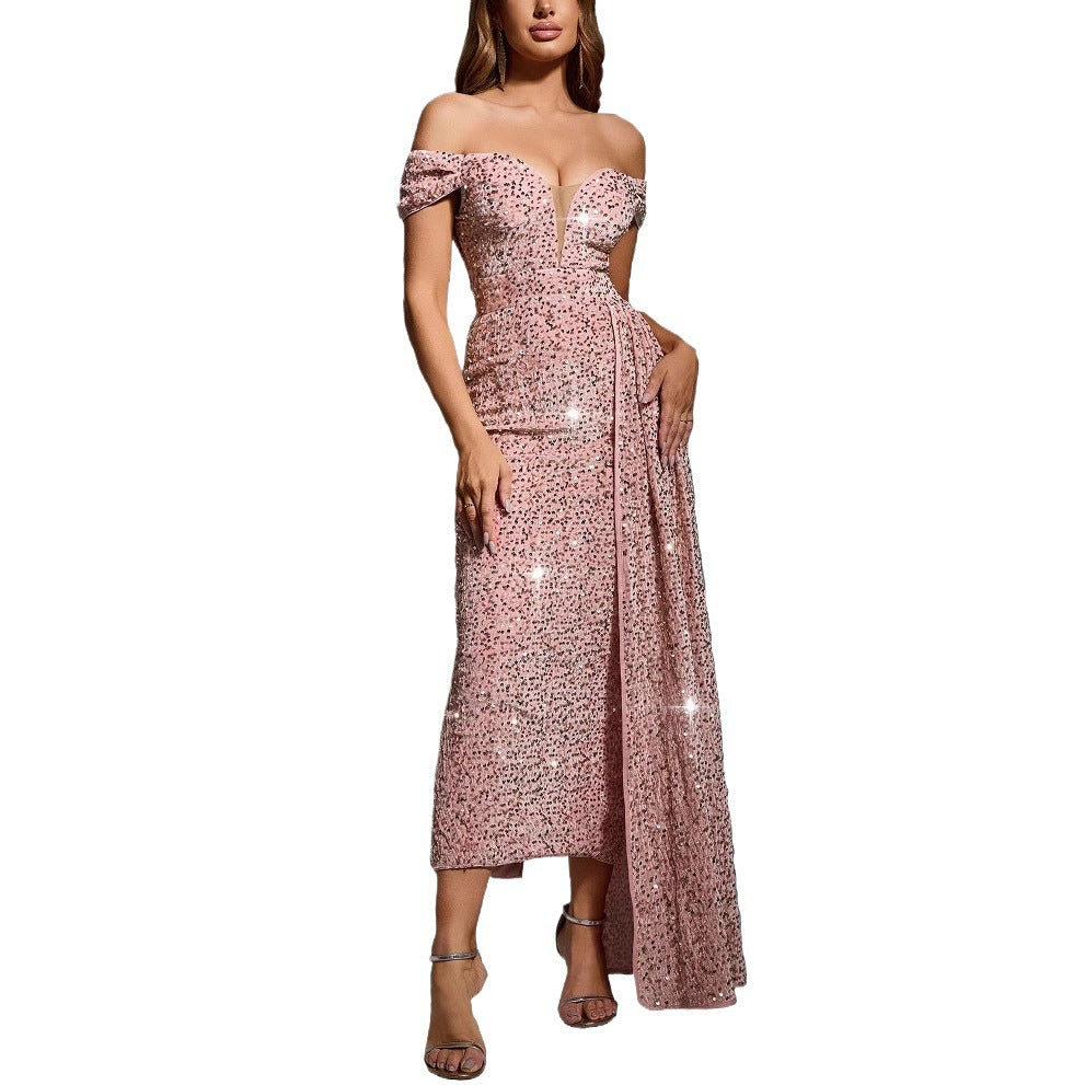 Off-shoulder sequin evening dress for women Lune London