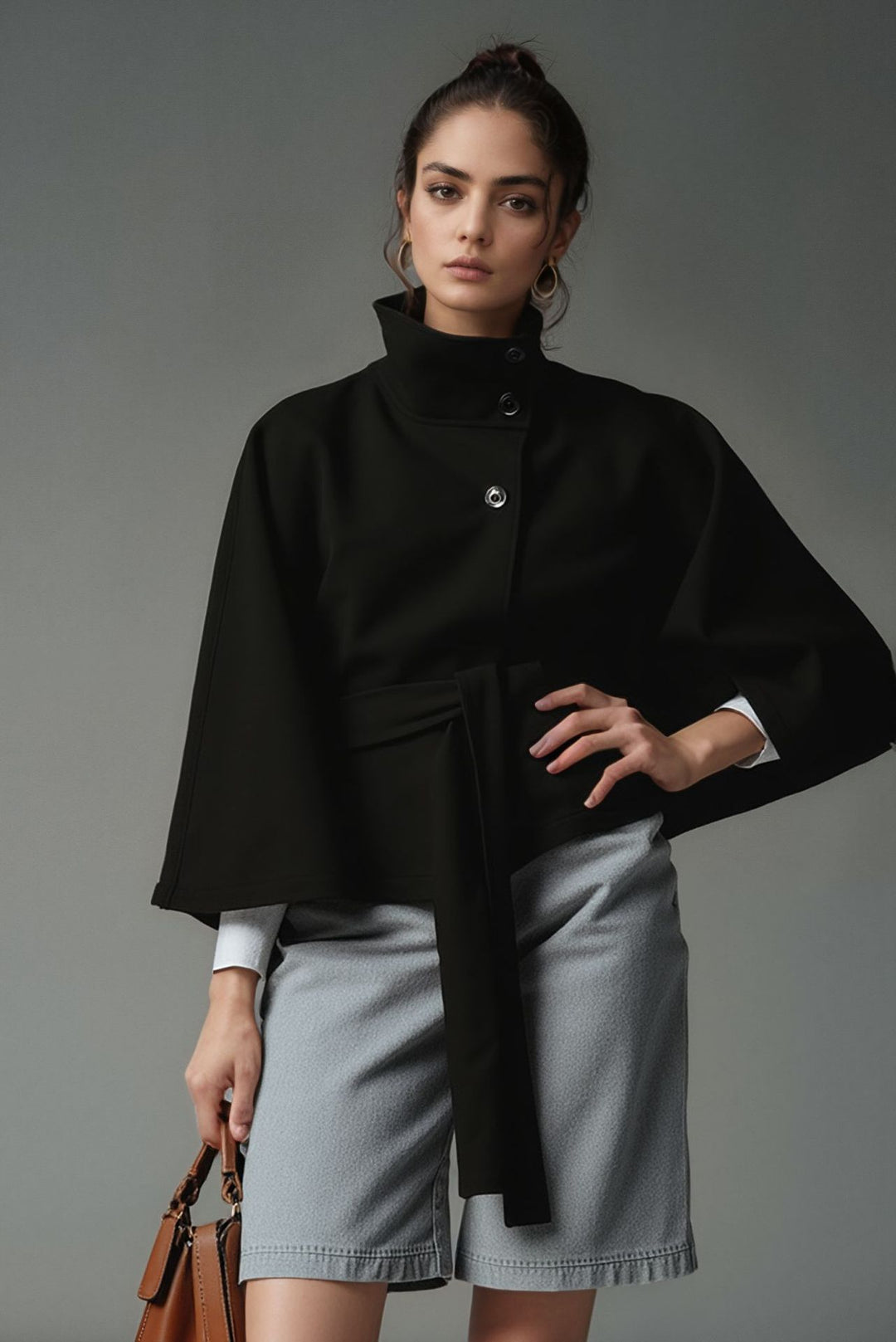 Ladies modern Cape-jacket with removable belt and high collar Lune London