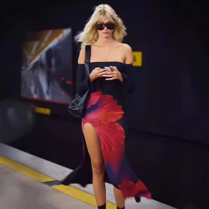 Off-shoulder floral print maxi dress for women with high slit Lune London