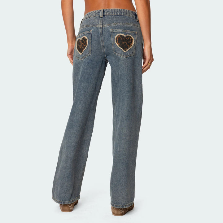 Wide jeans for women with heart-shaped appliqués Lune London