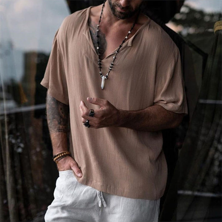 Men's Short Linen Top with V-Neck and Casual Cut Lune London