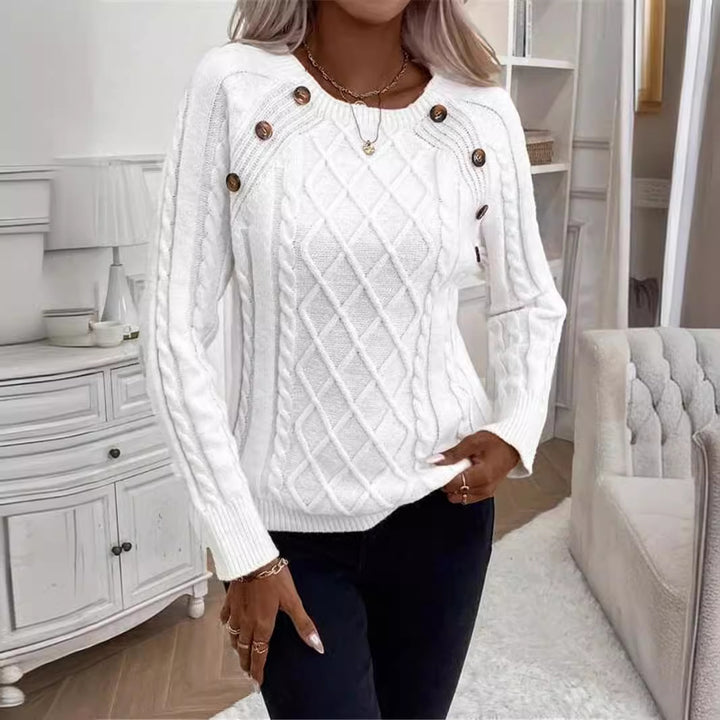 Knitted sweater for women with a textured diamond pattern and decorative buttons Lune London