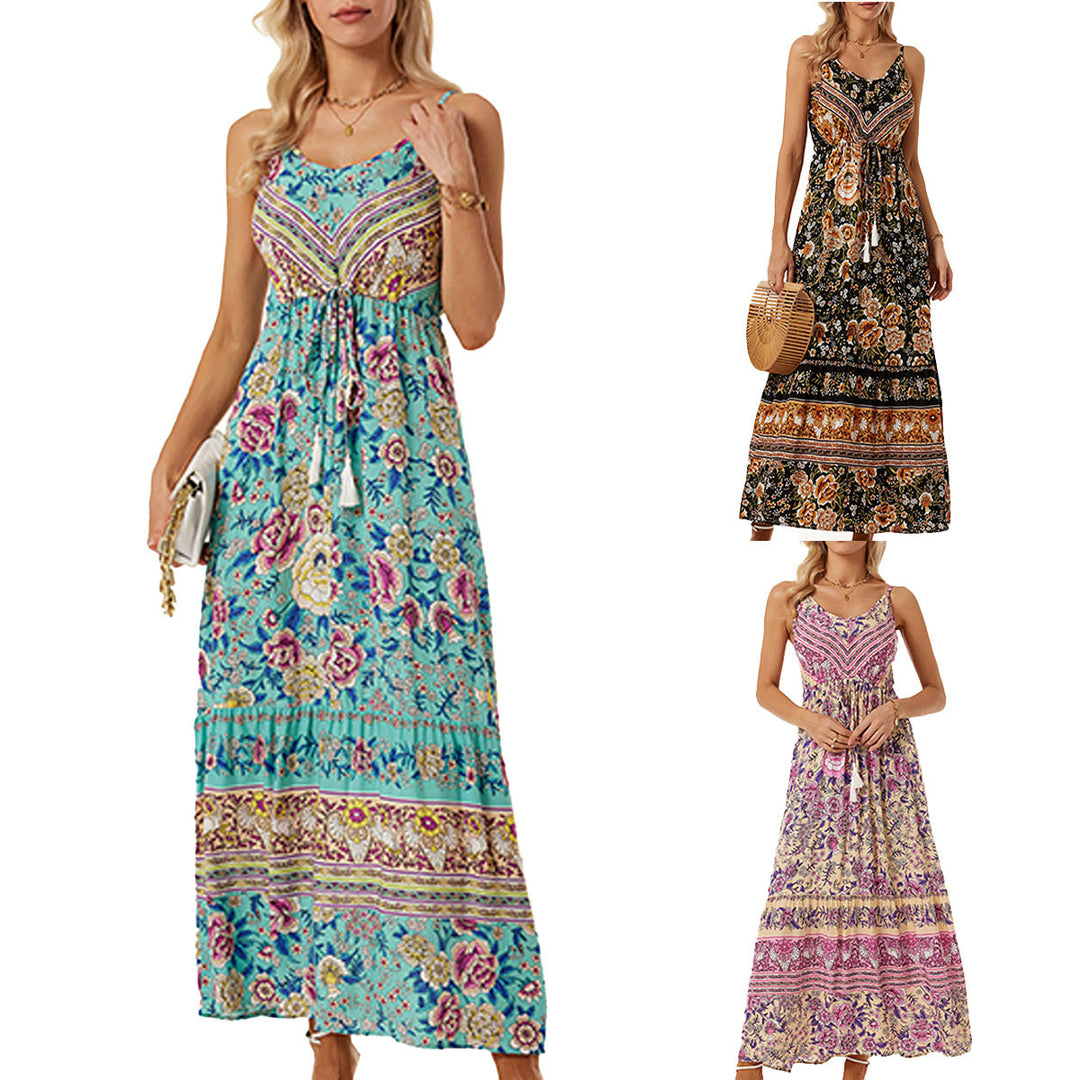 Airy maxi dress for women with a playful floral design and a drawstring at the waist Lune London