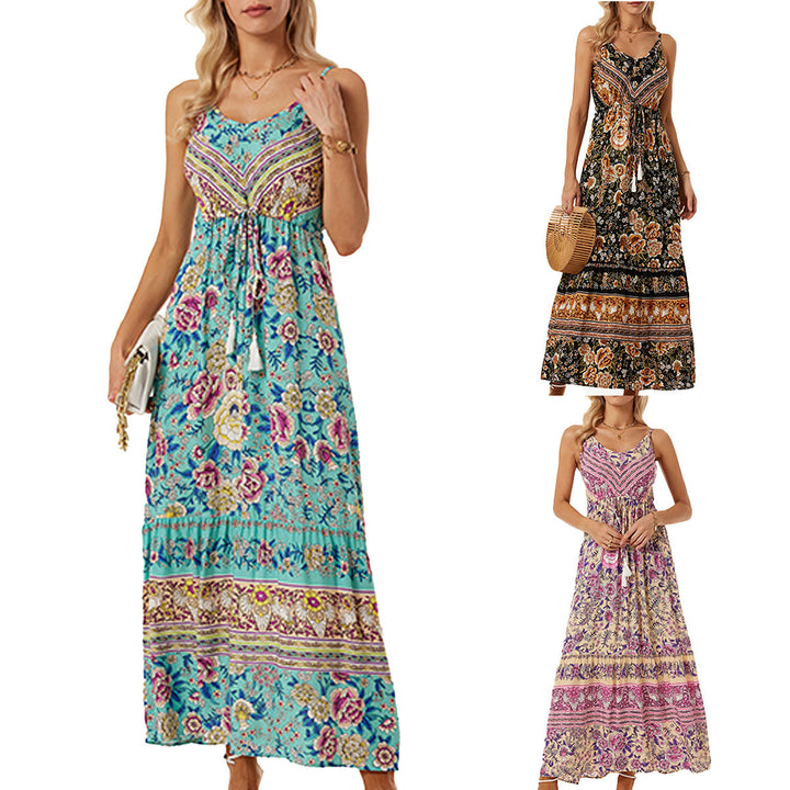 Airy maxi dress for women with a playful floral design and a drawstring at the waist Lune London