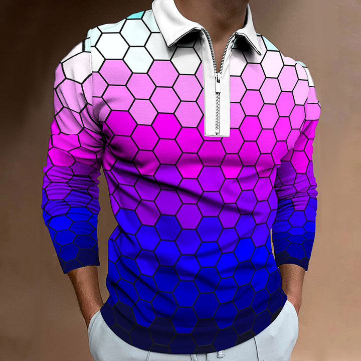 Men's polo shirt with a modern honeycomb pattern and a contrasting zipper Lune London