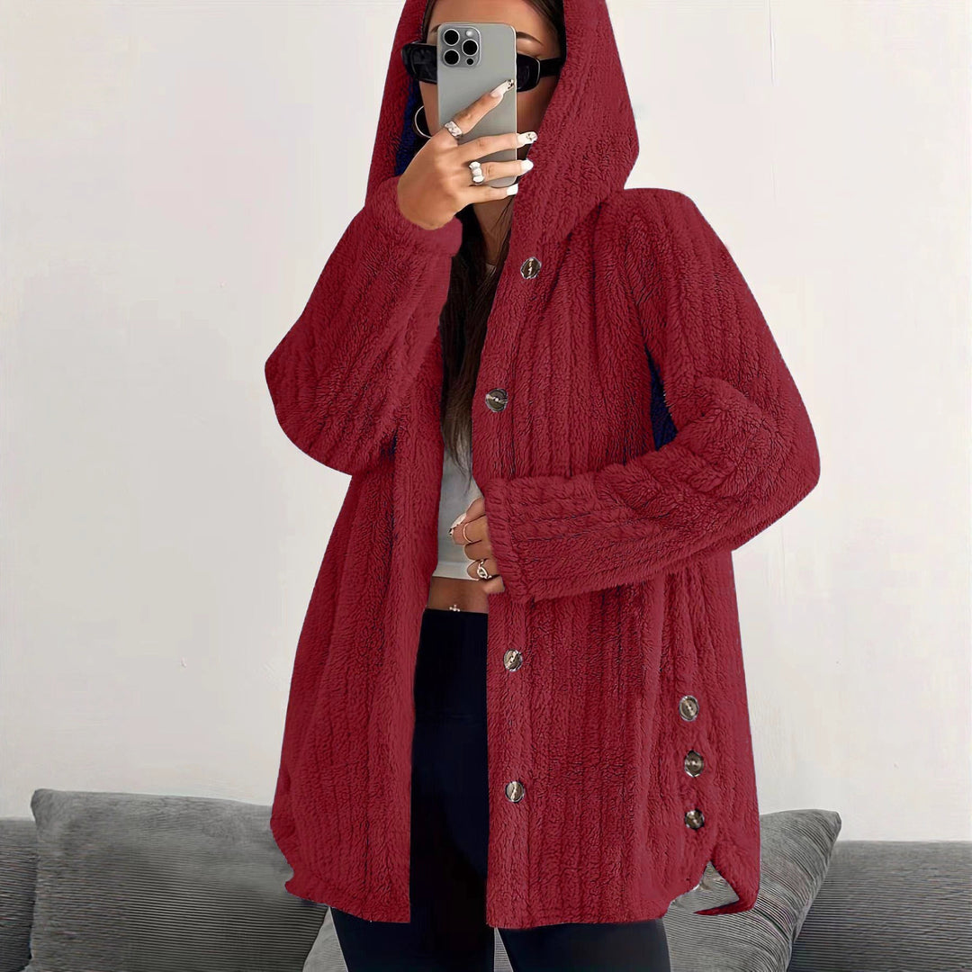 Ladies Cozy Hooded Jacket with Chic and Stylish Button Details