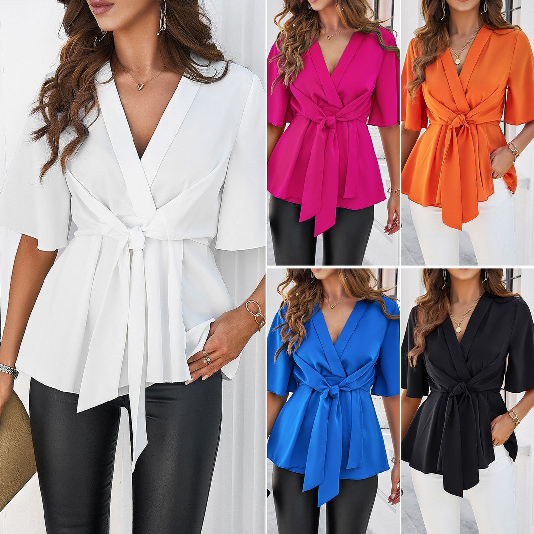 Ladies Elegant crossed top with wide sleeves and waist belt Lune London