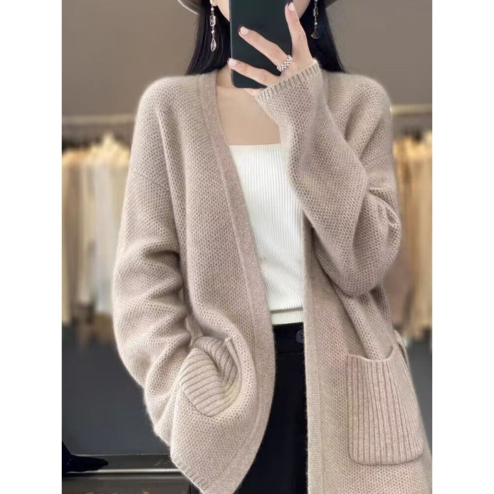 Women comfortable knit coat with belted waist and pockets Lune London