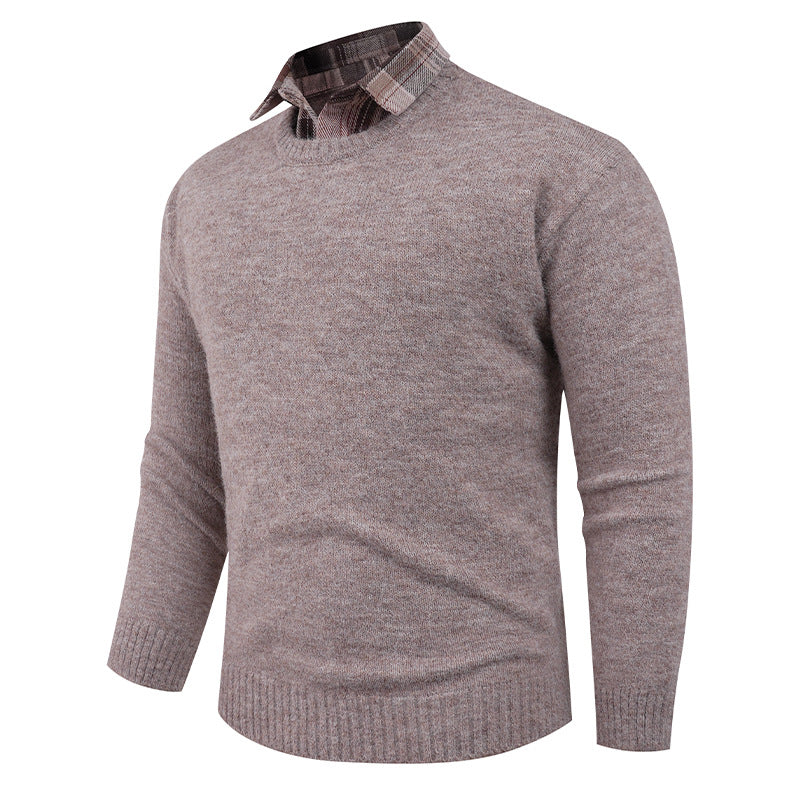 Men's Fine Crew Neck Sweater with Integrated Shirt Collar Lune London