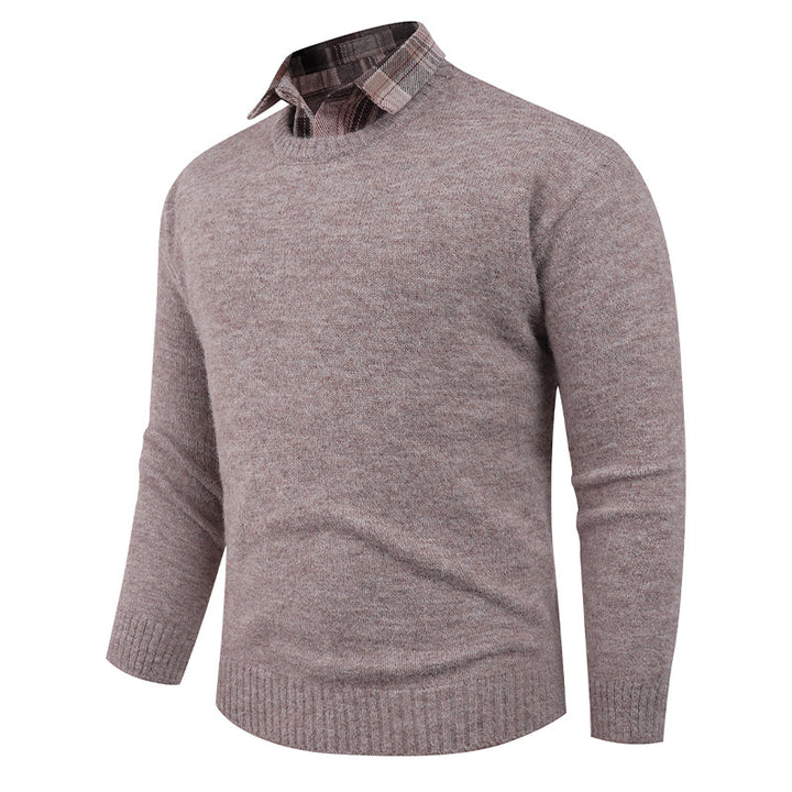 Men's Fine Crew Neck Sweater with Integrated Shirt Collar Lune London