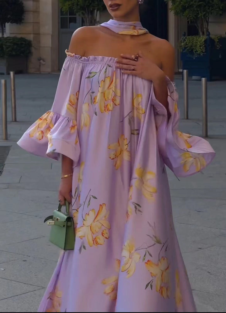 Women's Elegant Maxi Dress with Off-Shoulder Design and Ruffle Sleeves