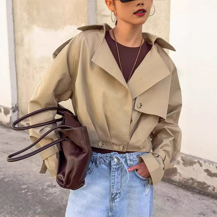 Ladies trendy cropped trench coat with innovative sleeves Lune London