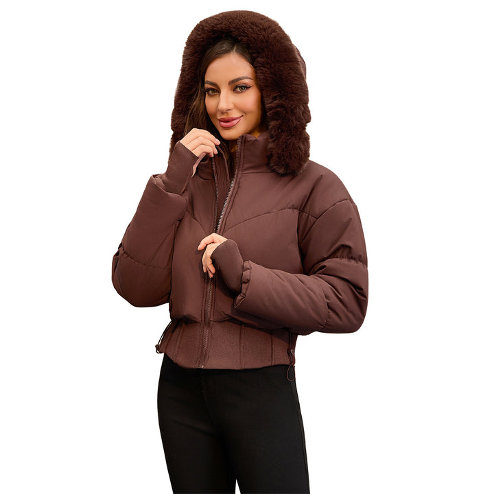 Cropped down jacket for women with removable hood and faux fur trim Lune London