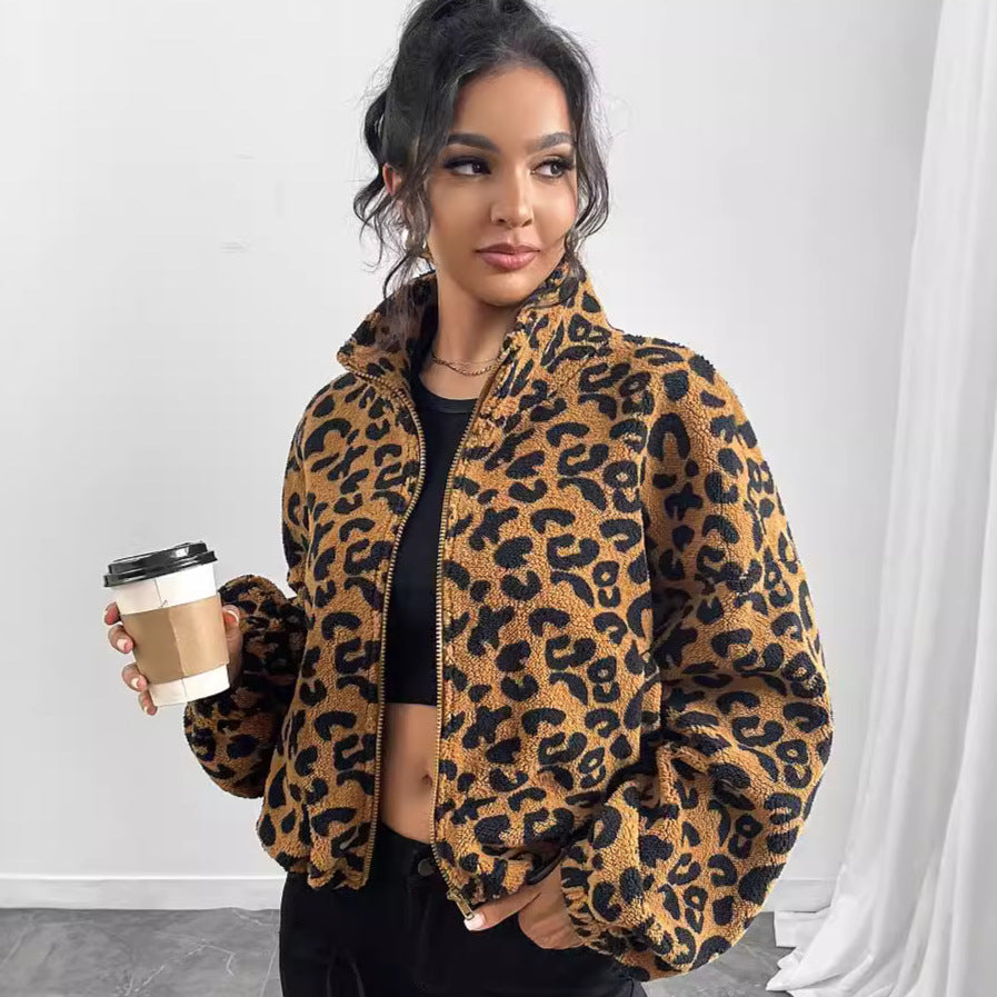 Ladies Short Plush Leopard Print Jacket with High Collar Lune London
