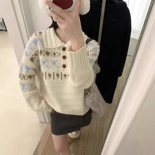 Ladies chunky knit sweater with a love pattern and a romantic collar Lune London