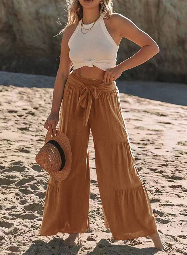 Airy Palazzo Pants for Women with Elastic Waist and Practical Tying Belt Lune London