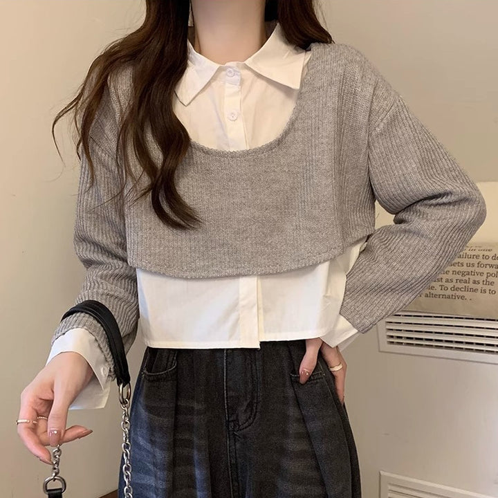 Women's Cropped Knit Sweater with Integrated Shirt