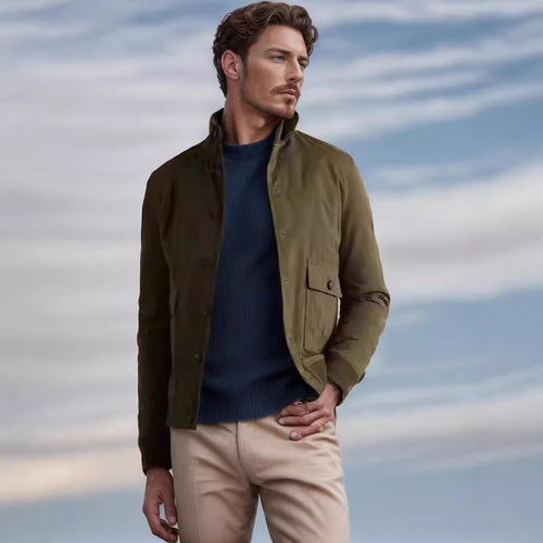 Functional utility jacket for men with high collar and flap pockets Lune London