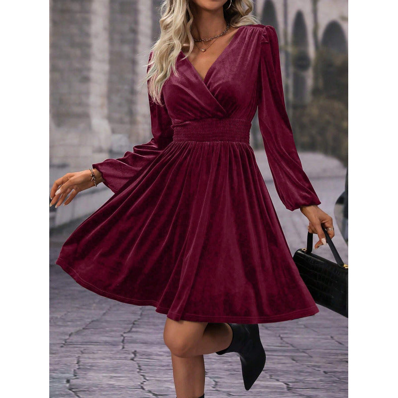 Skater dress for women with elegant gathers and V neckline Lune London
