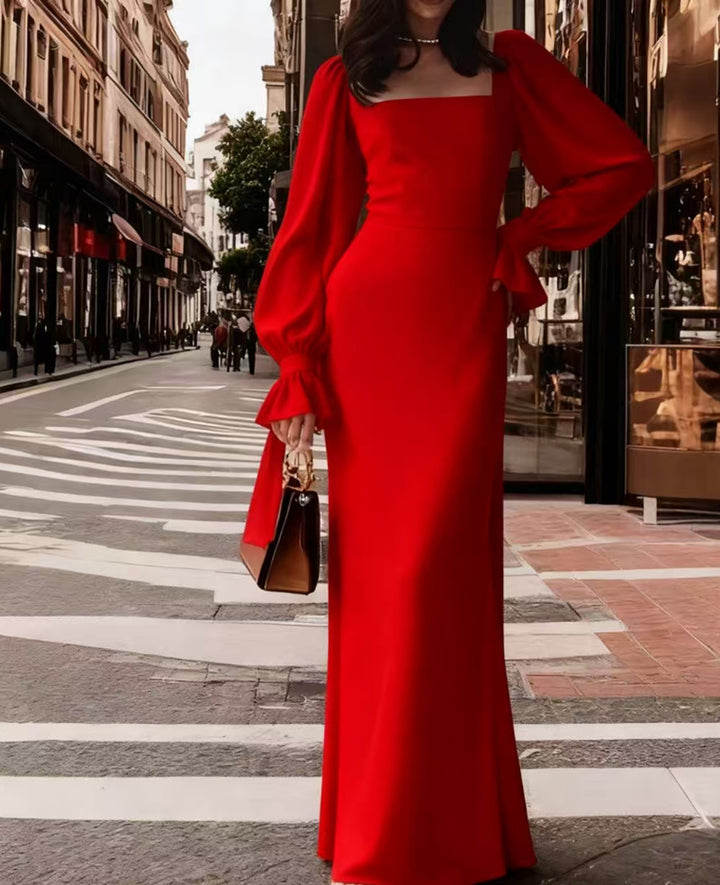 Ladies elegant maxi dress with puff sleeves and square neckline Lune London