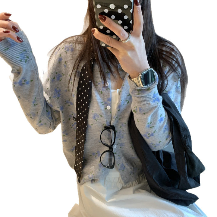 Ladies Lightweight Knit Jacket with Floral Accents and Chic Button Placket