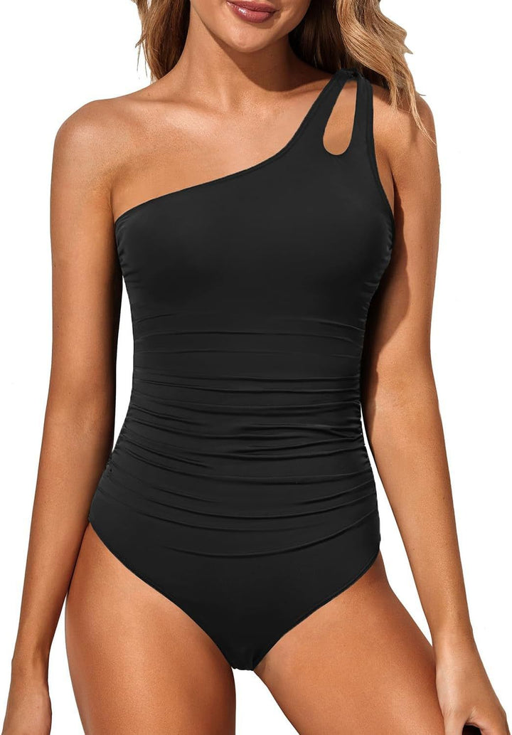 Women's one-piece swimsuit with asymmetrical neckline and fashionable mesh trim Lune London