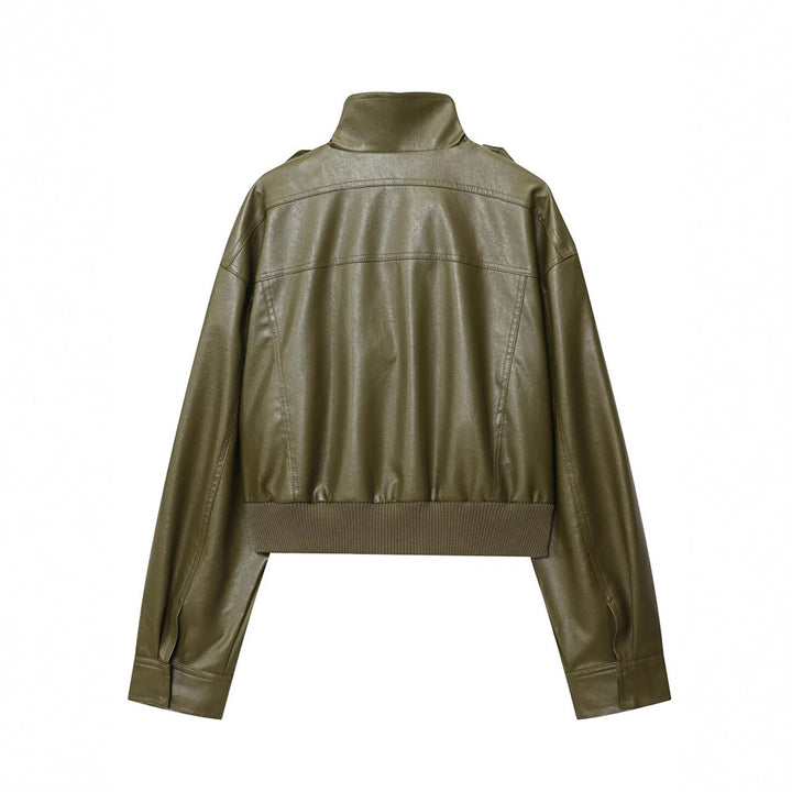 Ladies short faux leather jacket with practical pockets and modern high collar Lune London