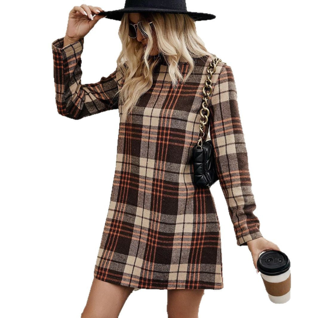 Plaid mini dress for women with high collar and slim silhouette Lune London