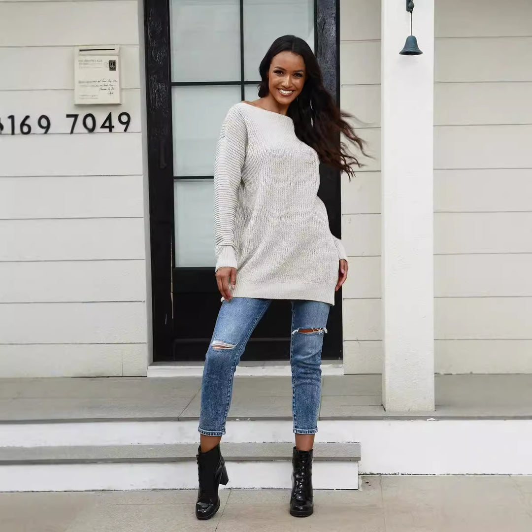 Casual knitted sweater for women with wide neckline and ribbed structure Lune London
