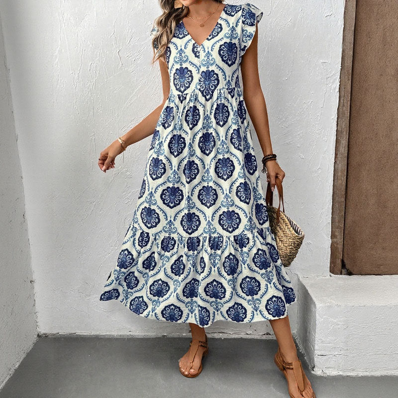 Maxi dress with ruffles for women with floral print and ruffles Lune London