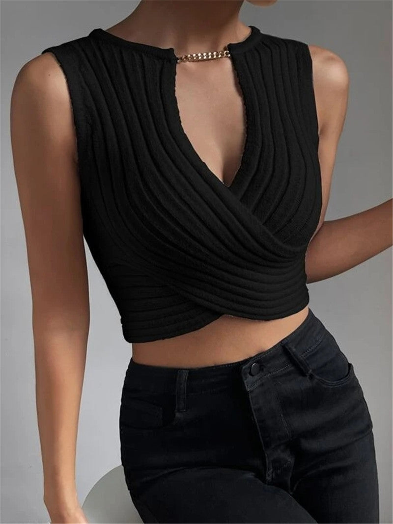 Ladies short knit top with elegant wrap design Lune London