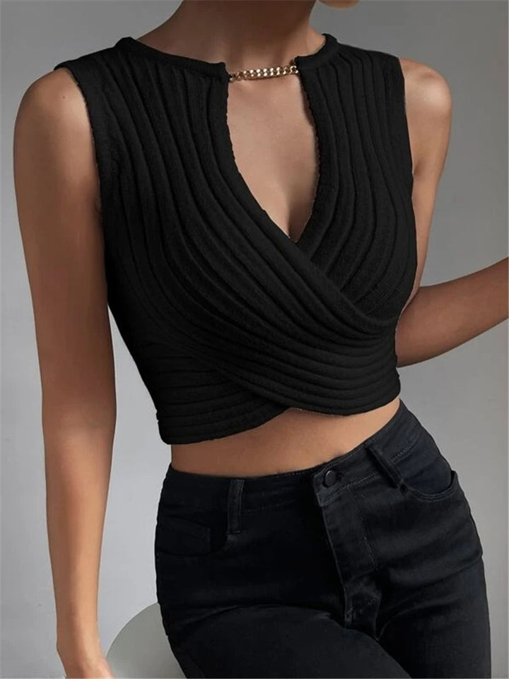 Ladies short knit top with elegant wrap design Lune London