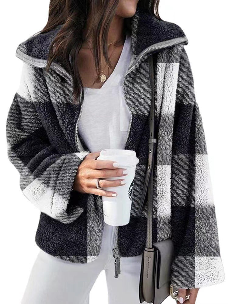 Ladies sweatshirt jacket with checkered pattern and high collar Lune London