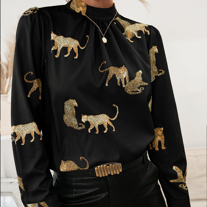 Women's blouse with glamorous animal print and elegant high collar Lune London
